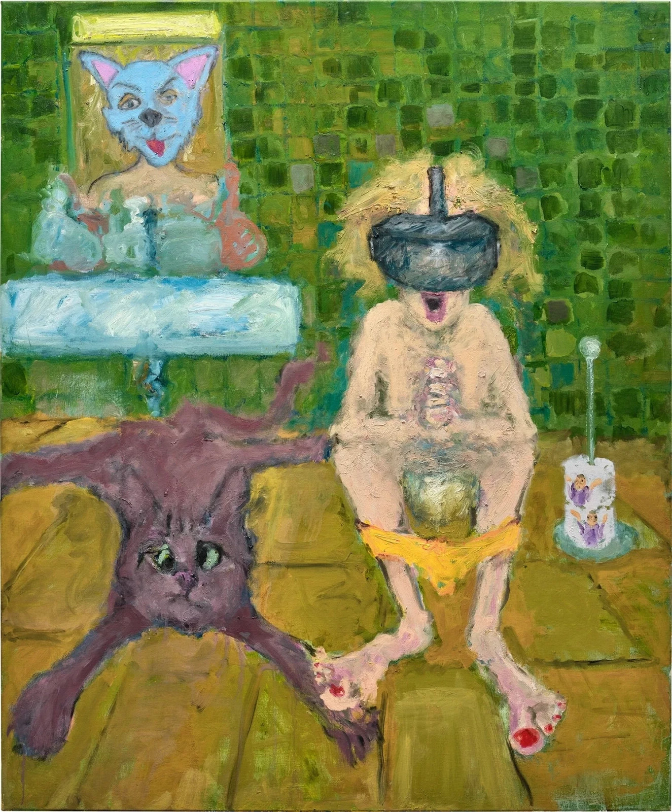 A painting by Eva Beresin showing a woman with lowered underwear sitting on a toilet, a stretched-out cat, and a surreal cat figure in the background. Ein Gemälde von Eva Beresin zeigt eine Frau mit heruntergelassener Unterwäsche auf der Toilette, eine ausgestreckte Katze und eine surreale Katzenfigur im Hintergrund.