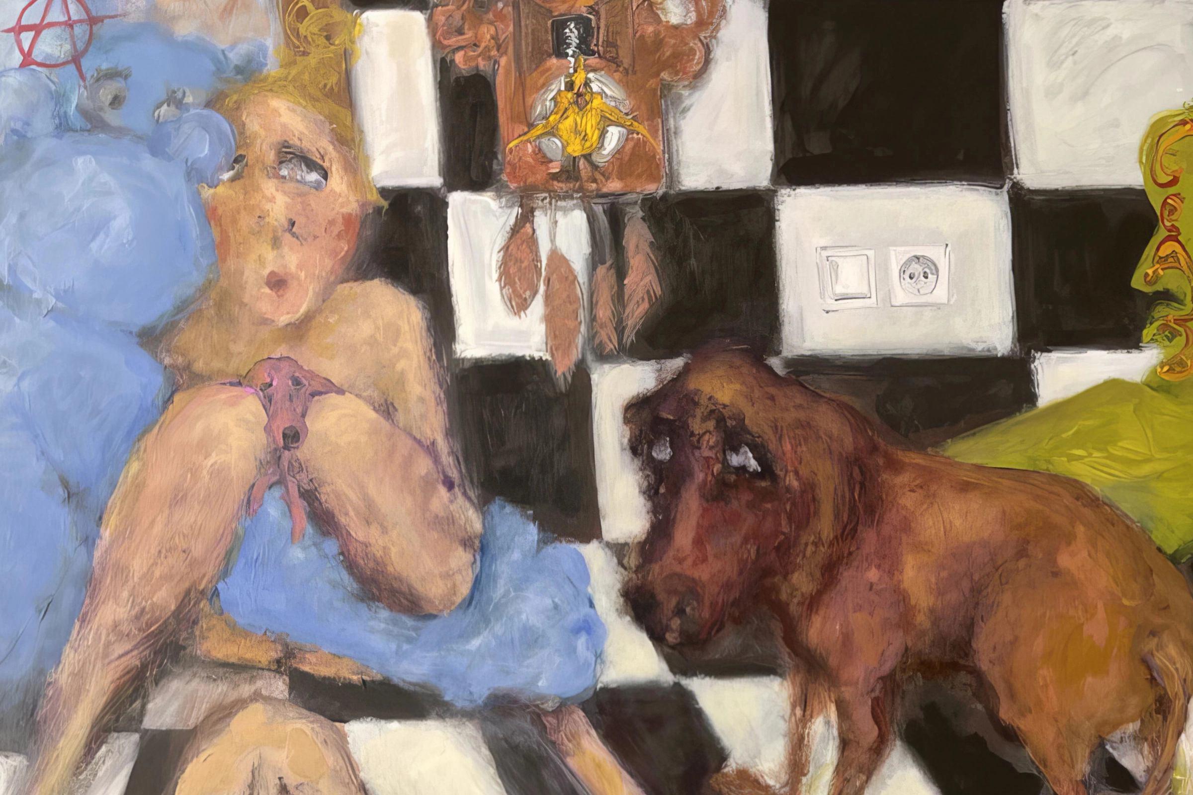 A painting showing a naked woman leaning against a mirror, partially covered by a large blue teddy bear, with a brown dog nearby. Ein Gemälde zeigt eine nackte Frau, die an einem Spiegel lehnt und teilweise von einem großen blauen Teddybären verdeckt wird, mit einem braunen Hund in der Nähe.
