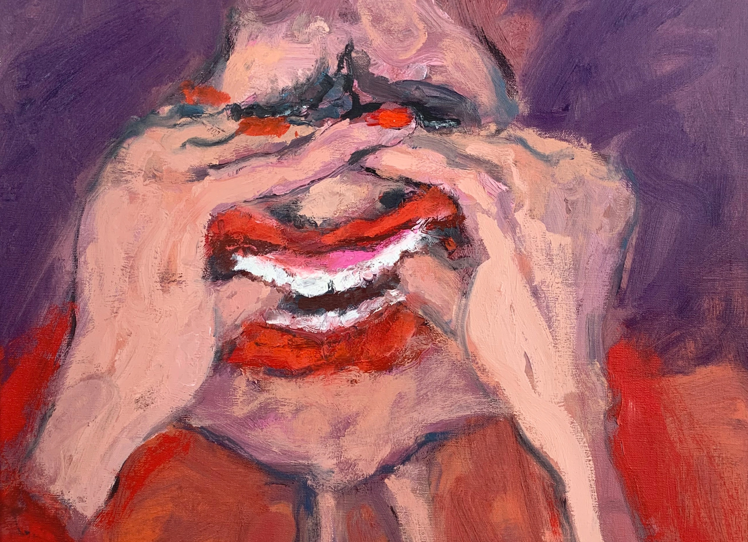 A detail from a painting by Eva Beresin showing a close-up of a face with hands covering the eyes, wearing red clothing, with red lipstick and red nails. Ein Detail aus einem Gemälde von Eva Beresin zeigt eine Nahaufnahme eines Gesichts mit Händen über den Augen, in roter Kleidung, mit rotem Lippenstift und roten Nägeln.